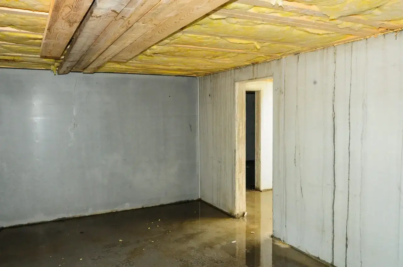 Nasses Kellergeschoss in einem alten Haus, deutet auf Grundwasser im Keller hin. Die Wände zeigen Wasserspuren, der Boden ist feucht.