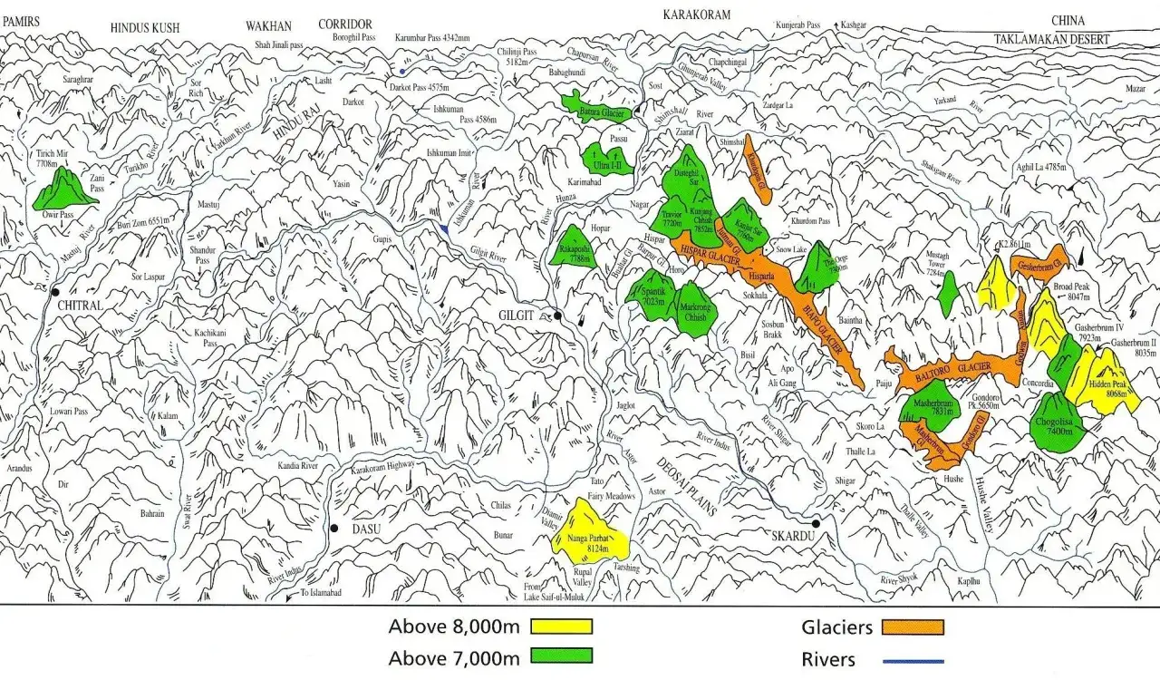 Mapa Karakorum z zaznaczonymi lodowcami i rzekami. Widoczny szczyt K2 inaczej, otoczony przez inne wysokie g&oacute;ry.