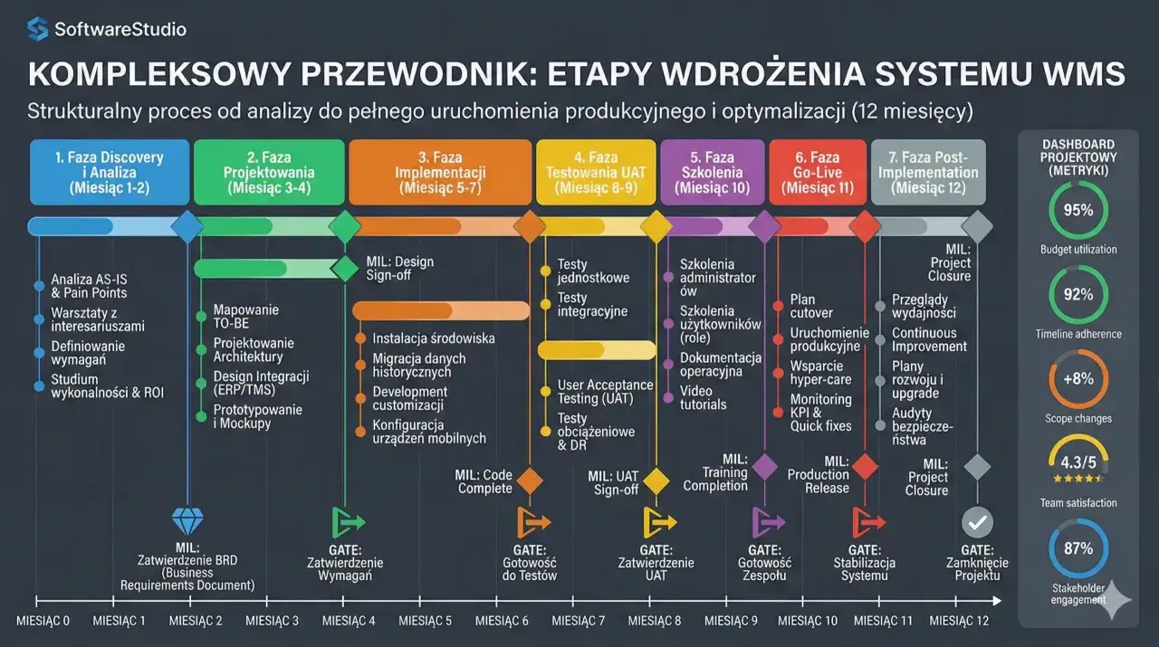 Schemat wdrożenia systemu WMS: od analizy do optymalizacji. Kolejne fazy obejmują m.in. testy, szkolenia i uruchomienie produkcyjne, z uwzględnieniem automatyczna aktualizacja.