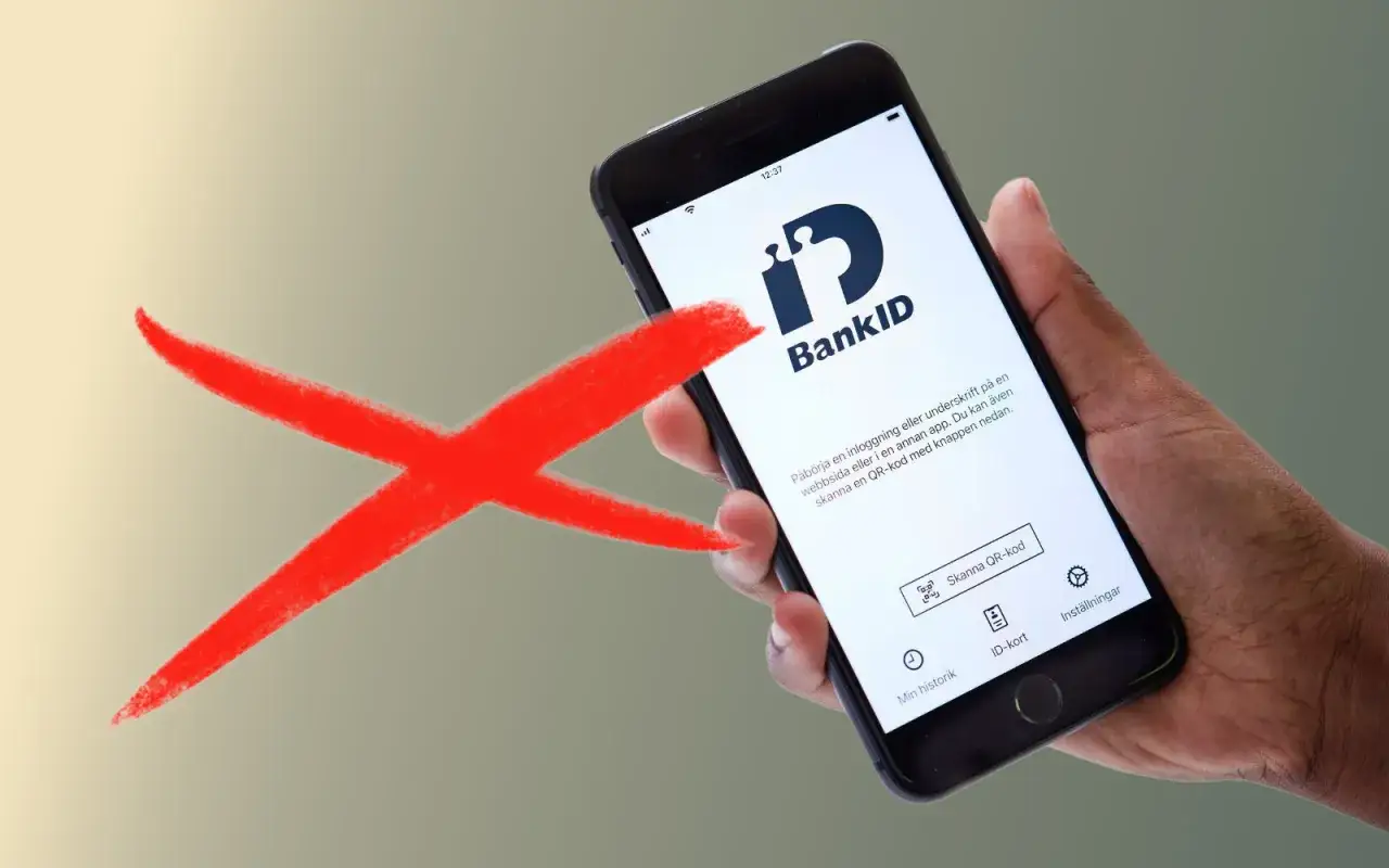 R&ouml;tt kryss &ouml;ver en smartphone som visar BankID-appen. Ingen knapptelefon med BankID h&auml;r.