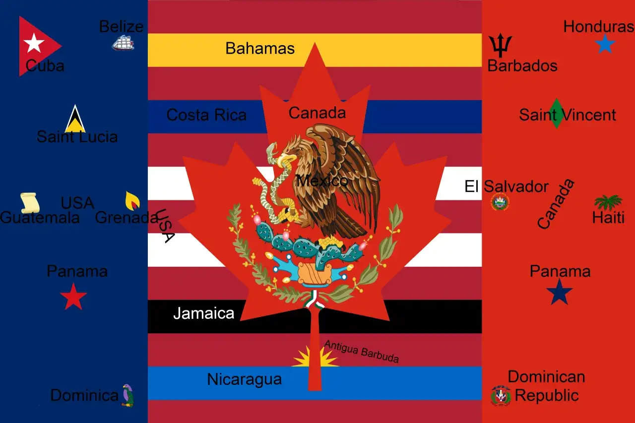 Mapa z flagami krajów Ameryki Północnej, w tym flaga Meksyku na tle flag Kanady i USA.