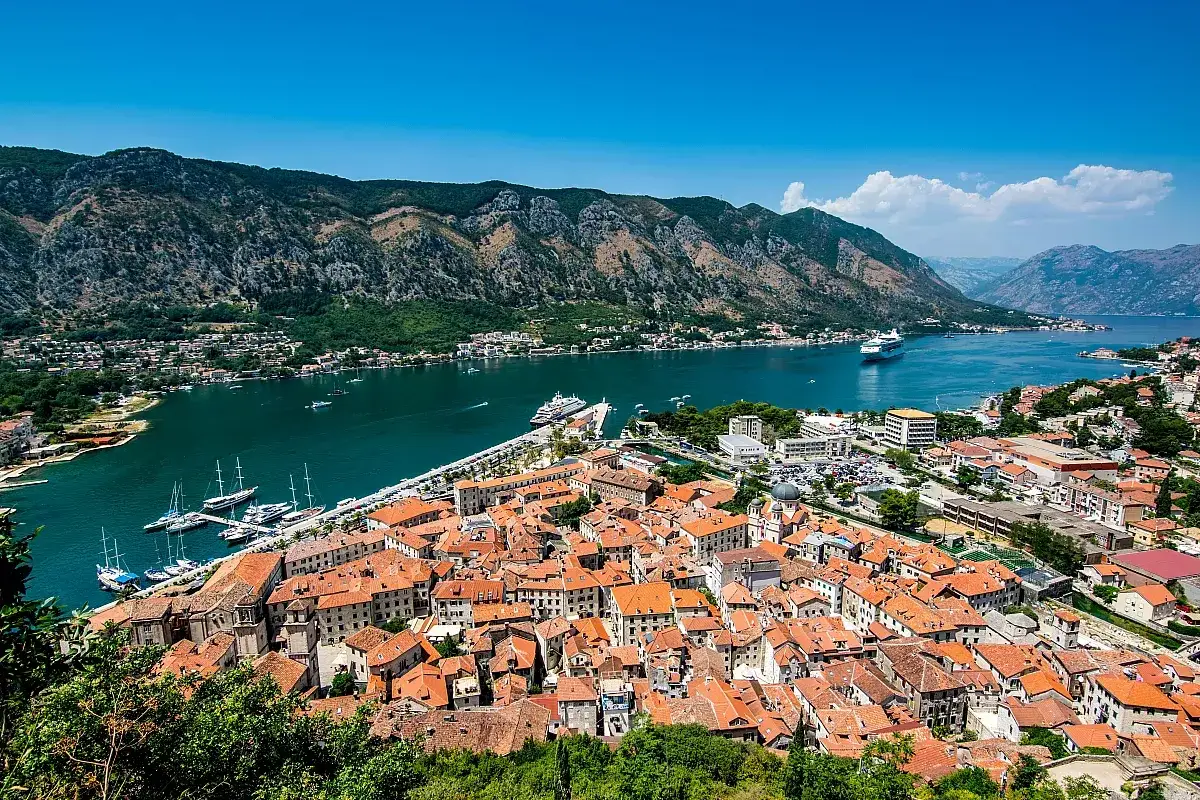 Panoramica delle **bocche di Cattaro** con la città storica, il porto con yacht e navi da crociera, circondata da montagne verdi e un mare azzurro.