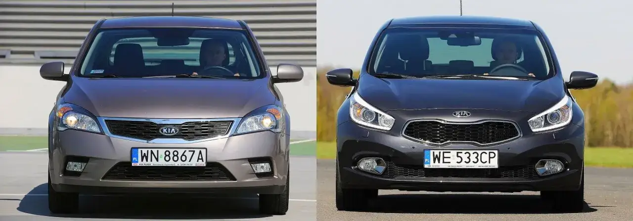 Dwa samochody Kia Ceed JD stoją obok siebie. Jeden jest brązowy, drugi ciemnoszary.