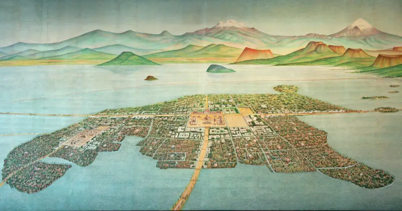 Wizja Tenochtitlan, stolicy Azteków, na jeziorze. Miasto otoczone wodą, z górami w tle.