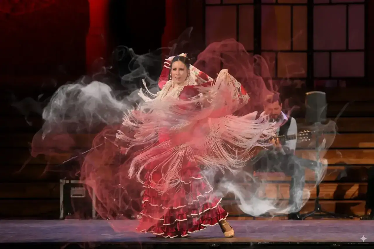 Bailarina con vestido rojo y mant&oacute;n de flecos, en pleno movimiento de estilo flamenco, envuelta en humo.