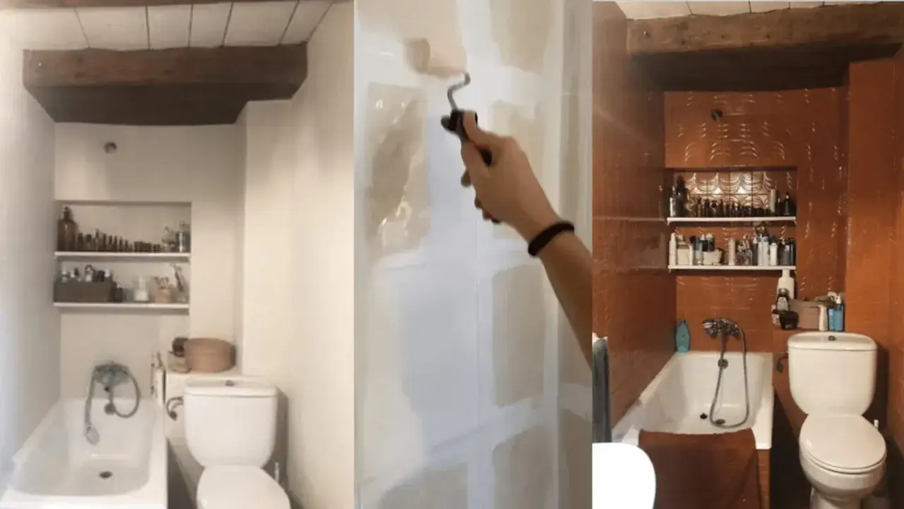 Rinnovamento bagno: da pareti bianche a vivaci pittura piastrelle bagno color terracotta.