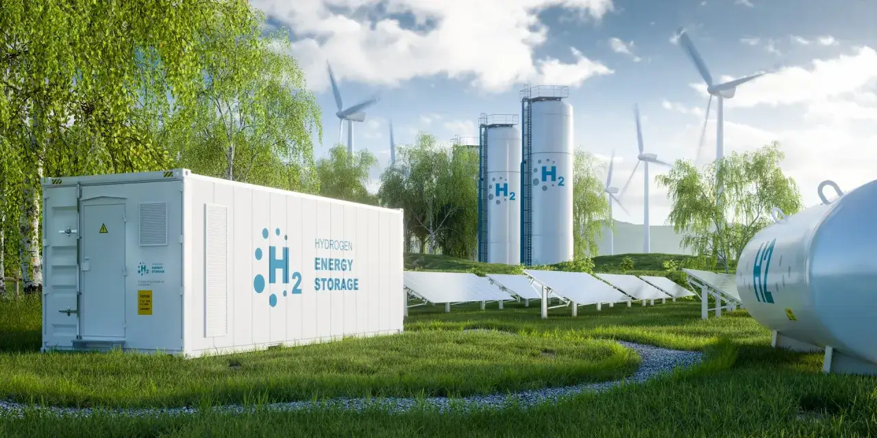 Kontener magazynujący wod&oacute;r, panele słoneczne, wiatraki i zbiorniki - to przyszłość zielonej energii wodoru.