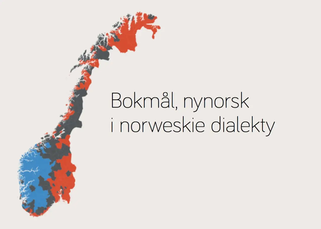 Mapa Norwegii z zaznaczonymi obszarami bokmål, nynorsk i norweskimi dialektami.