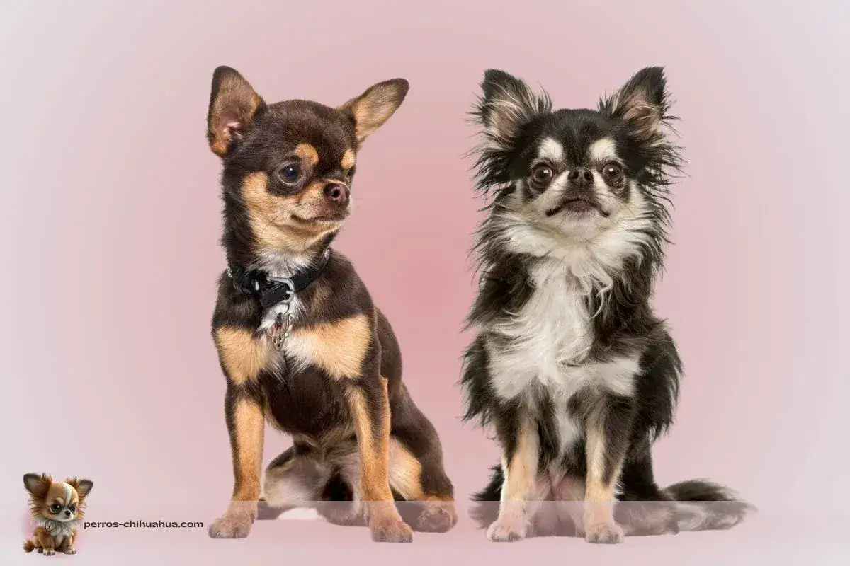 Dos chihuahua con pelos, uno café y negro, el otro negro y blanco, posan sobre fondo rosa.