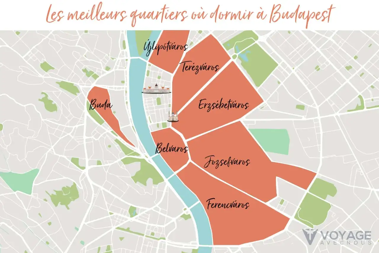 Carte des quartiers de Budapest. Idéal pour trouver un logement étudiant, avec des zones comme Belváros, Terézváros et Erzsébetváros mises en avant.