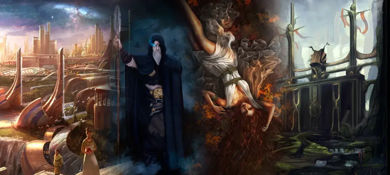 Jak rozpoznać wpływ mitologii nordyckiej na współczesne światy fantasy: Od futurystycznych miast po mroczne ruiny i postacie jak Odyn.
