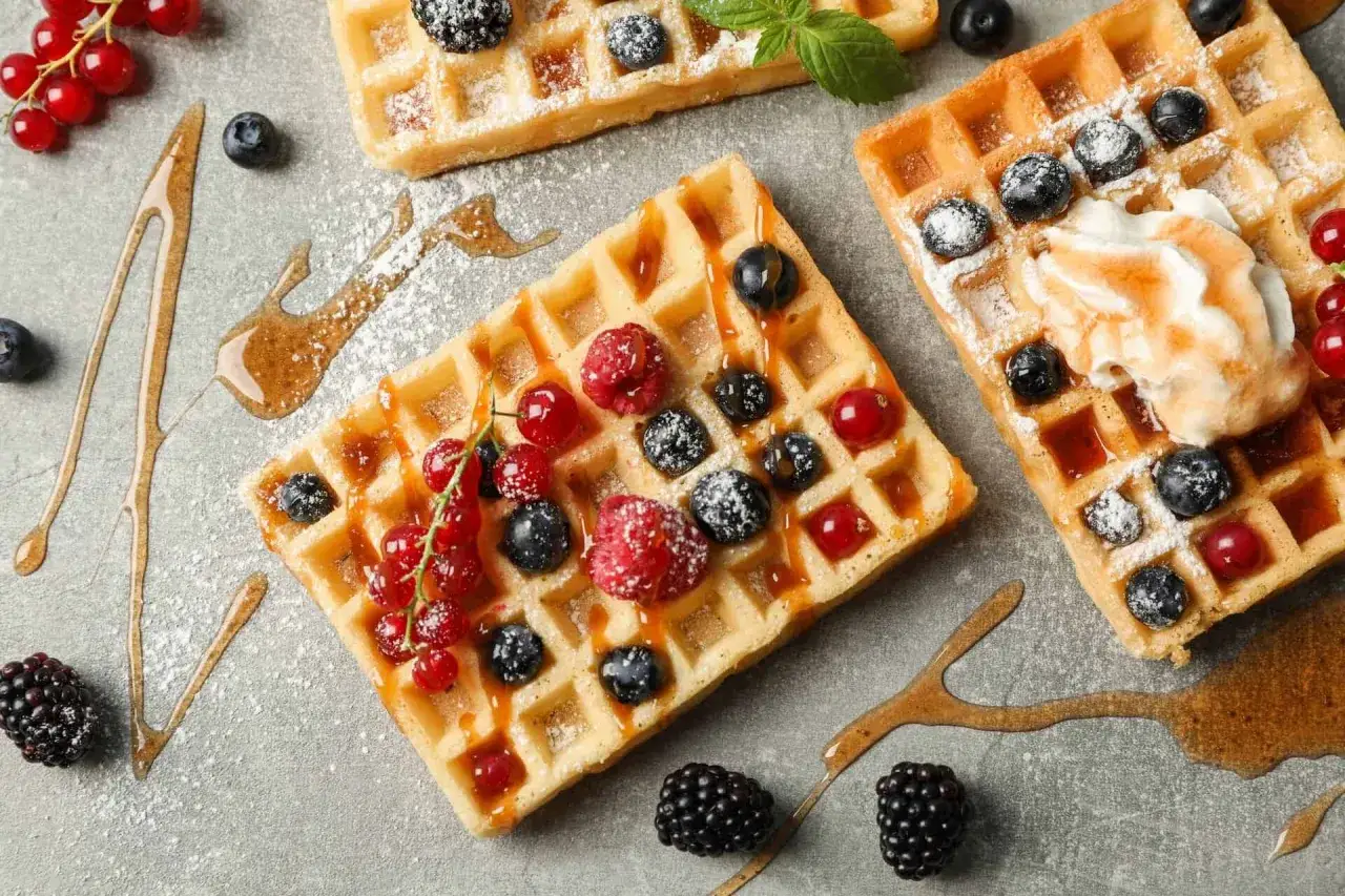 Waffeln mit Beeren und Sirup, verfeinert mit einem Hauch Kokosmilch. Ein s&uuml;&szlig;er Genuss!