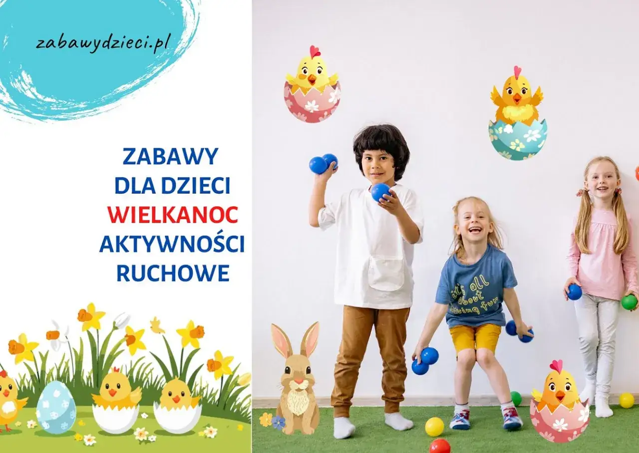 Wielkanocne zabawy dla dzieci: tr&oacute;jka uśmiechniętych maluch&oacute;w z niebieskimi piłeczkami w rękach, otoczona wielkanocnymi dekoracjami.