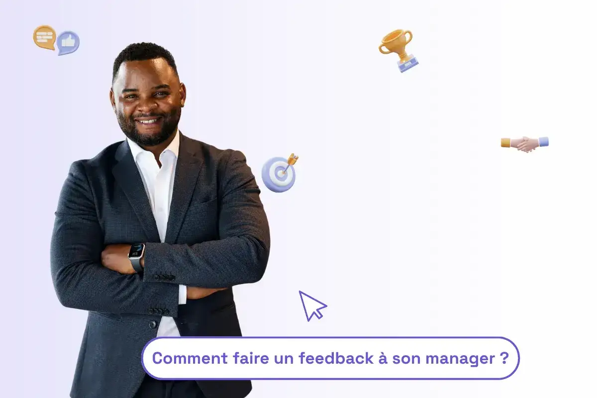 Homme souriant en costume, avec des icônes de dialogue, cible, trophée et poignée de main. Il pose la question :