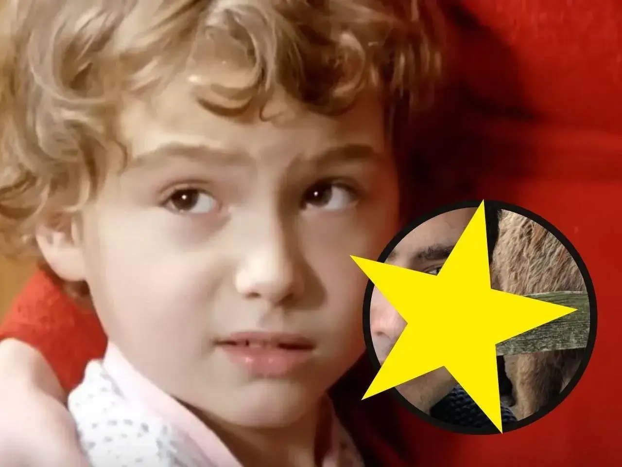 Mały Piotruś z Kogel Mogel 2018, zamyślony, obok niego w k&oacute;łku ż&oacute;łta gwiazda i fragment twarzy mężczyzny.