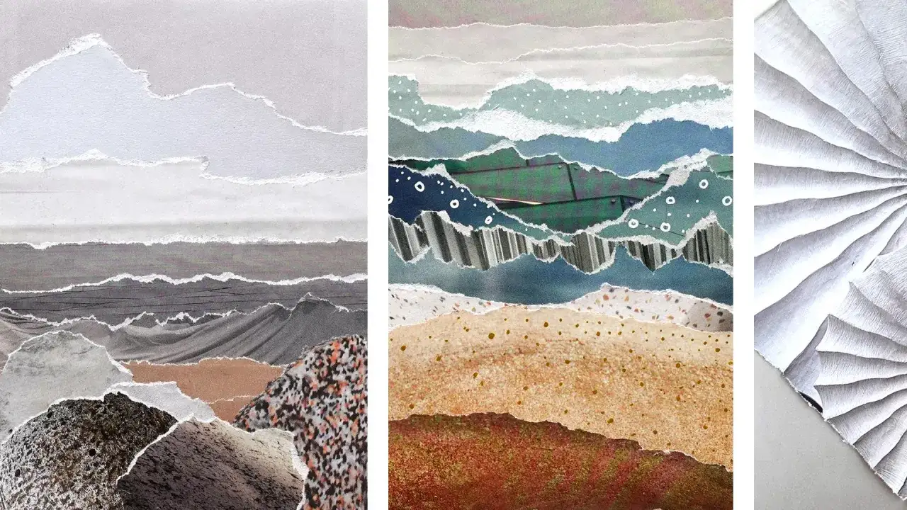 Trois &oelig;uvres de **technique collage papier** &eacute;voquant des paysages abstraits. Des textures et couleurs vari&eacute;es cr&eacute;ent des reliefs et des horizons.