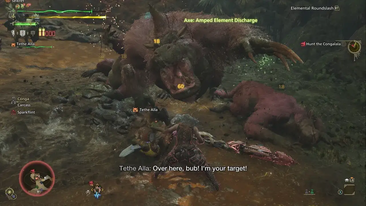 Cazador en Monster Hunter Online lucha contra un Congalala gigante. El cazador se prepara para atacar mientras el monstruo yace herido.