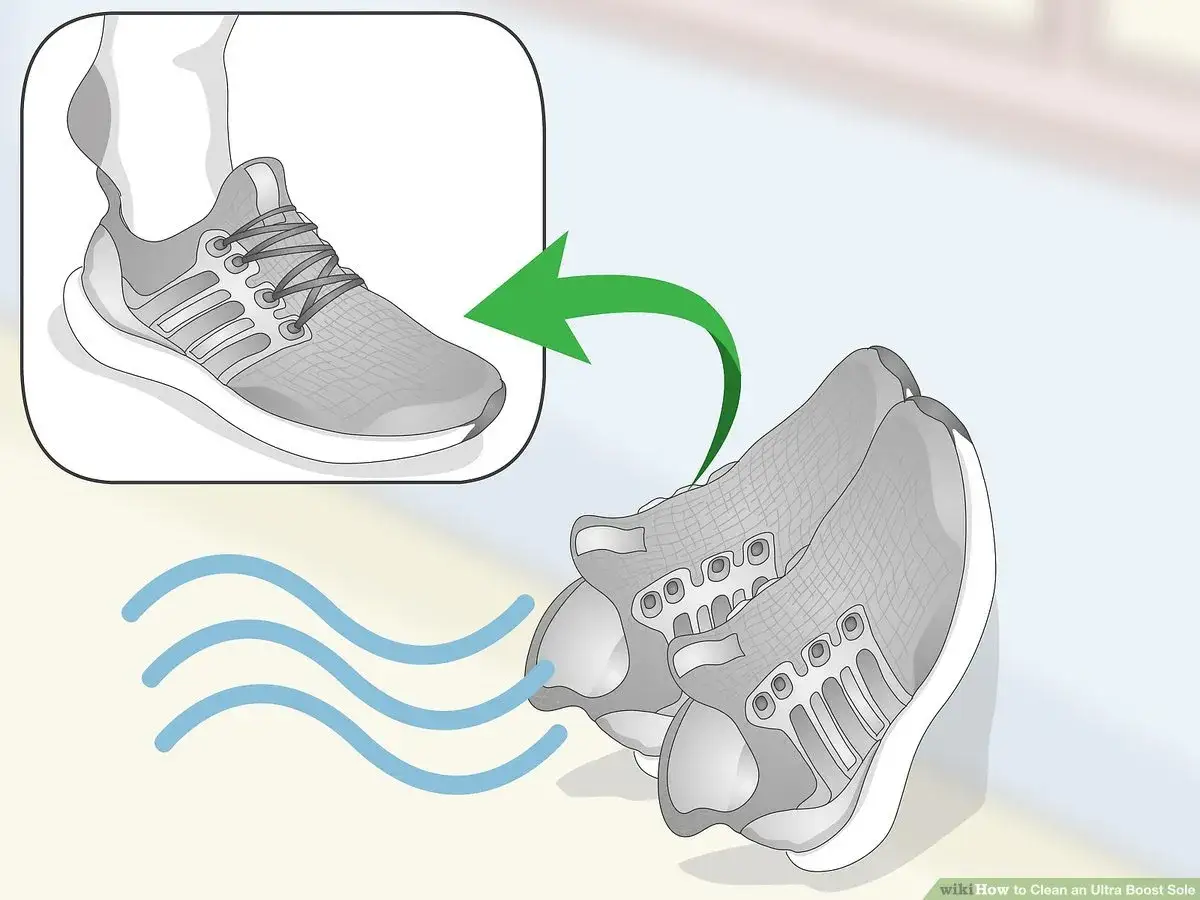 Guida su come togliere il giallo dalle scarpe Adidas. Illustrazione di scarpe Adidas e un piede che le indossa.