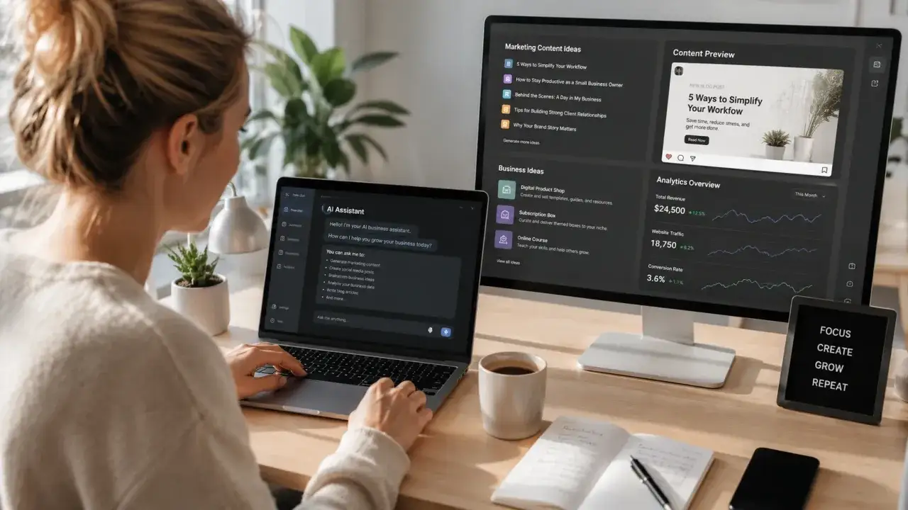 Kvinna anv&auml;nder AI-assistent p&aring; laptop f&ouml;r att utveckla sin egen firma. Sk&auml;rmen visar marknadsf&ouml;ringsid&eacute;er och aff&auml;rsstatistik.