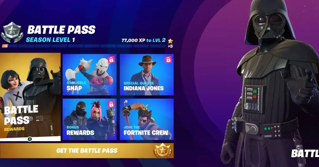 Karnet bojowy Fortnite z Darthem Vaderem i innymi postaciami. Odblokuj nagrody, w tym skina Indiana Jonesa.
