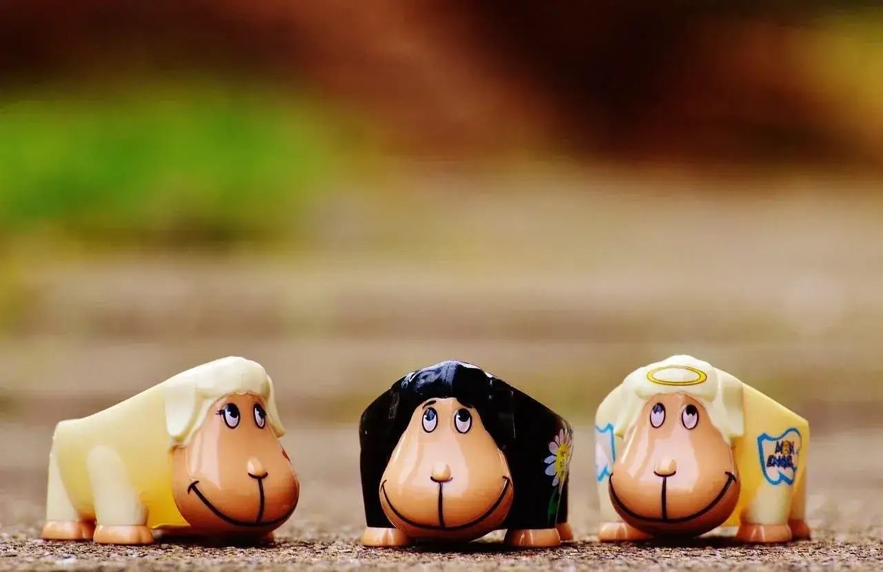 Drie schaapjes, waarvan &eacute;&eacute;n het zwarte schaap betekenis symboliseert met een bloem. Een ander schaapje heeft een engelennimbus.