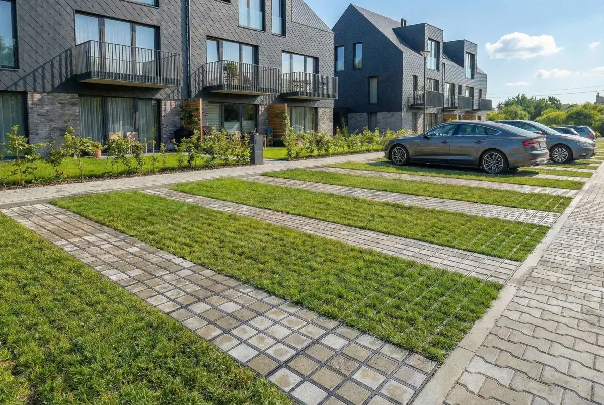 Nowoczesne osiedle z ekologicznym utwardzeniem terenu pod parking. Pasy zieleni przeplatają się z płytami betonowymi, tworząc estetyczne i funkcjonalne miejsca postojowe.