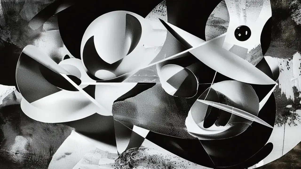 Composizione astratta in bianco e nero, con forme curve e spigolose che si intersecano, evocando un senso di movimento e profondità, come se fosse un'opera di ray fotografo.