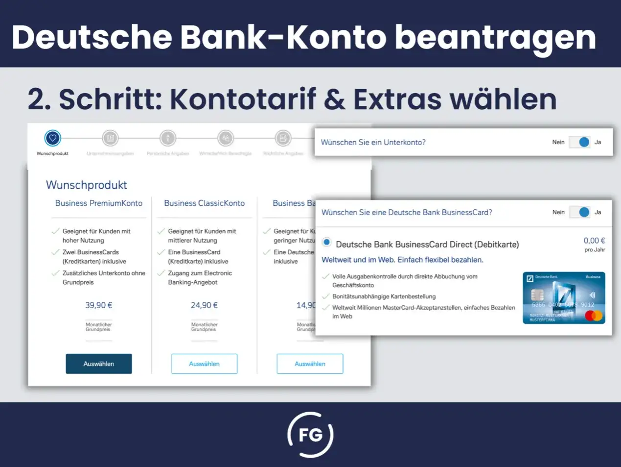 Deutsche Bank: Auswahl von Business-Konten und einer BusinessCard. Hier werden die Vorteile des Business Premium Kontos, Classic Kontos und einer Debitkarte der Deutsche Bank dargestellt.