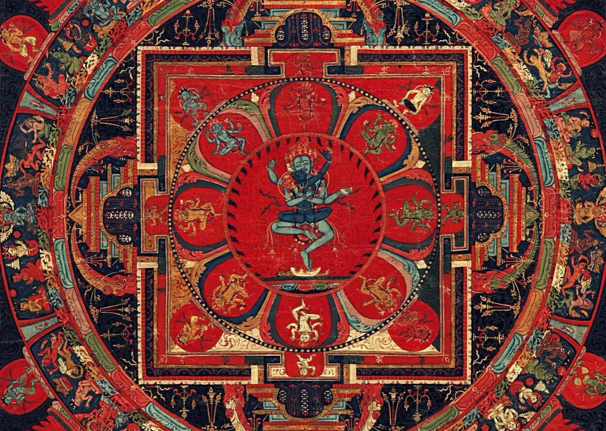 Barwna mandala z centralną postacią bóstwa. Jej złożone wzory i symbolika odzwierciedlają głębokie mandala znaczenie w buddyzmie tybetańskim.
