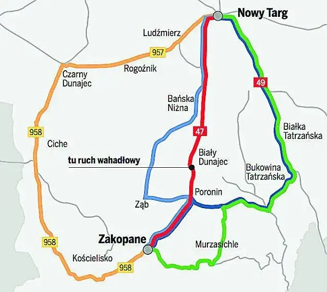 Mapa objazd&oacute;w Zakopianki przez Mszanę Dolną i Czarny Dunajec