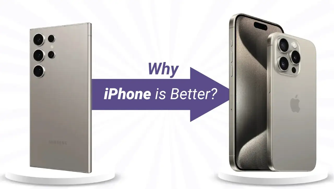Porównanie Samsung vs iPhone. Strzałka z napisem 