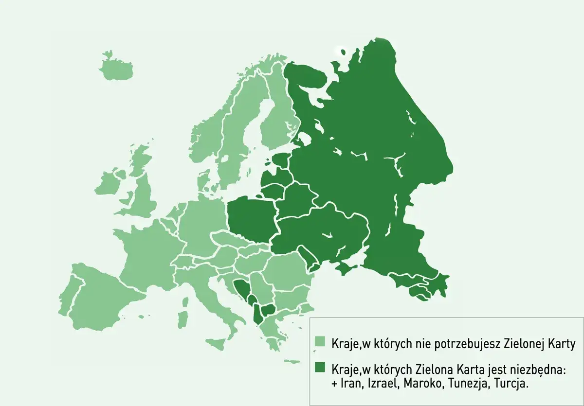 Mapa Europy i okolic. Jasnozielone kraje nie wymagają Zielonej Karty, ciemnozielone (w tym Rosja, Iran, Izrael, Maroko, Tunezja, Turcja) ją potrzebują.