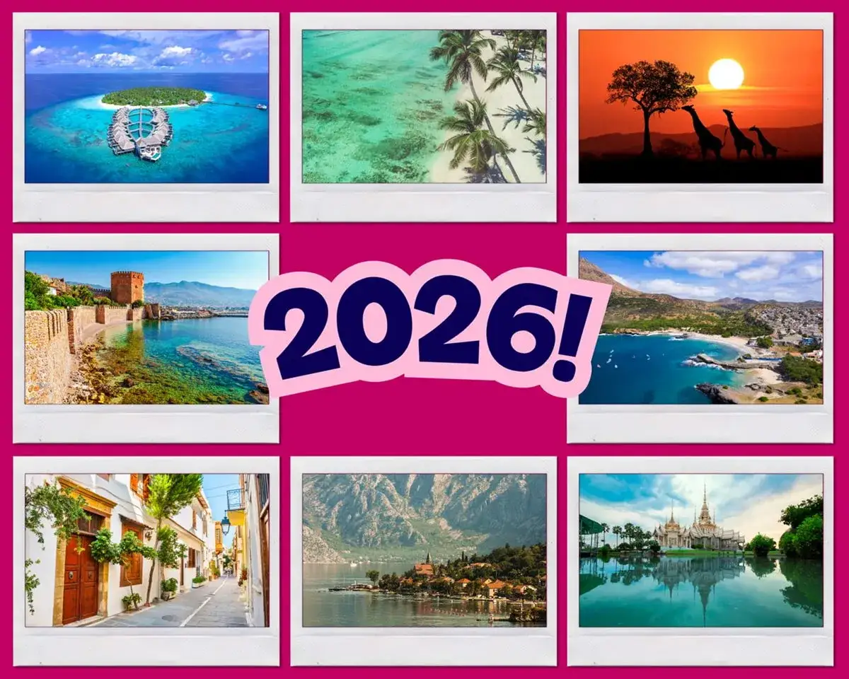 Kolaż popularnych kierunków wakacyjnych 2026 Turcja Grecja Egipt Albania