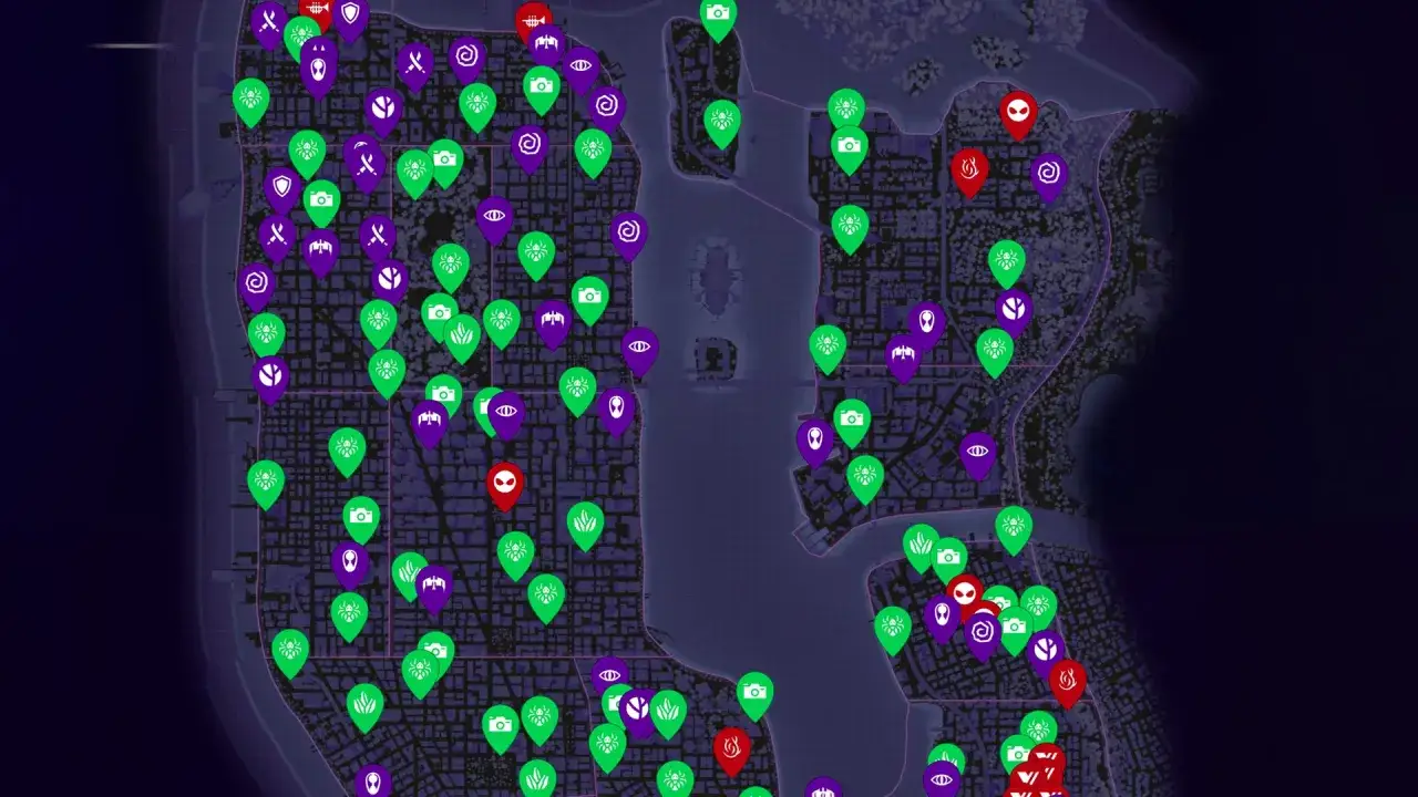 Mapa de Nueva York con iconos de misiones y coleccionables para el platino de Spider-Man 2.