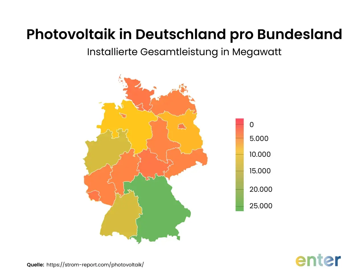 Karte zeigt installierte Photovoltaik-Leistung in Deutschland pro Bundesland. Erneuerbare Energie durch Solarenergie wird visualisiert.
