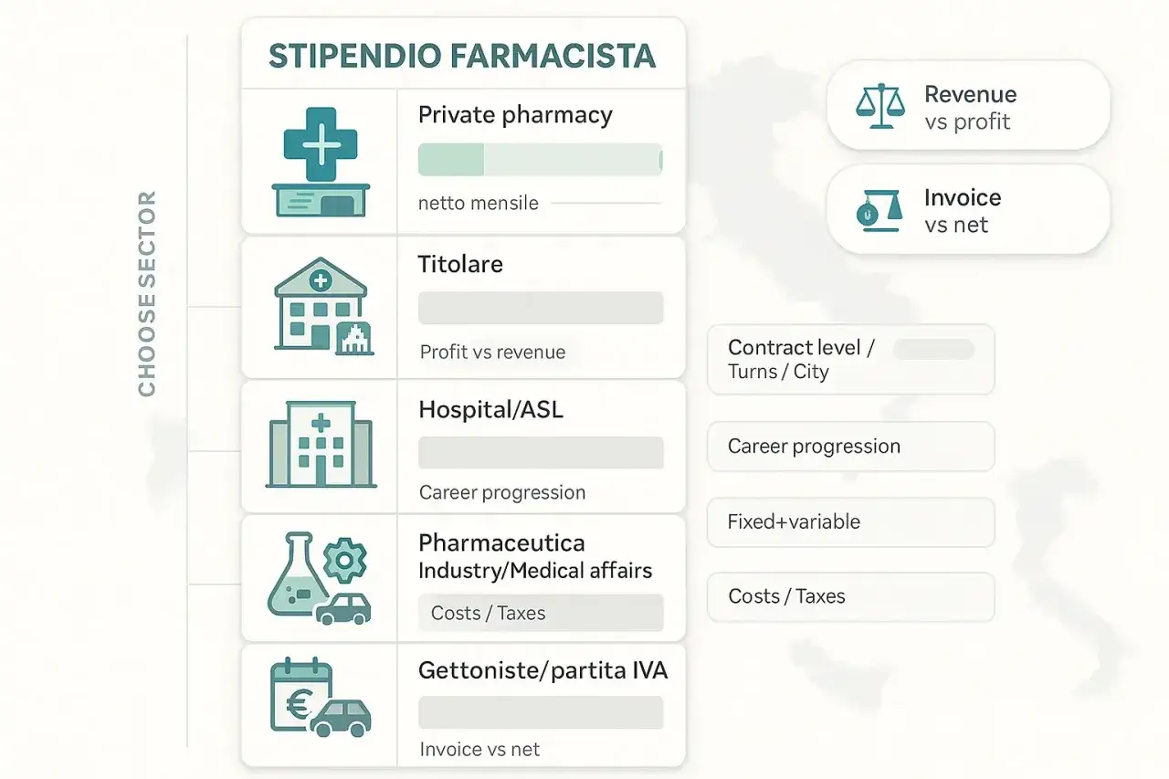 Grafica che illustra lo stipendio dirigente farmacista ospedaliero, confrontando settori come farmacia privata, ospedale/ASL e industria.