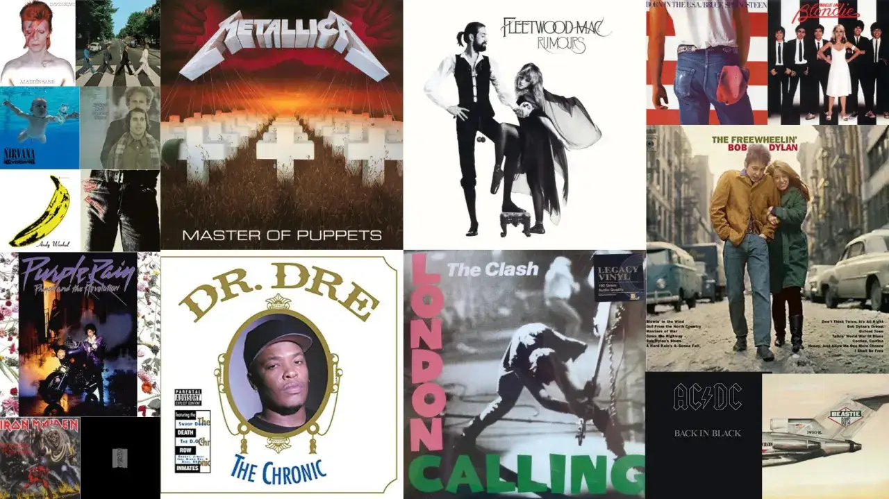 Eine Collage ikonischer Albumcover: David Bowie, Nirvana, Metallica, Fleetwood Mac, Dr. Dre, The Clash, Bob Dylan, AC/DC, Beastie Boys – alles **oldies but goldies**.