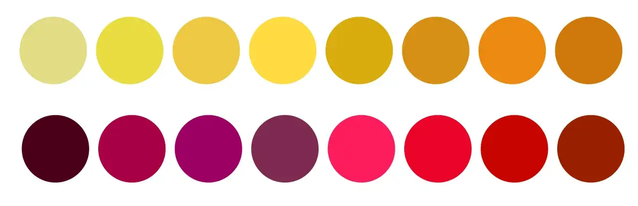 Palette de couleurs vives : jaunes, oranges, rouges et bordeaux. La première rangée évoque la couleur vin blanc, allant du pâle au doré.