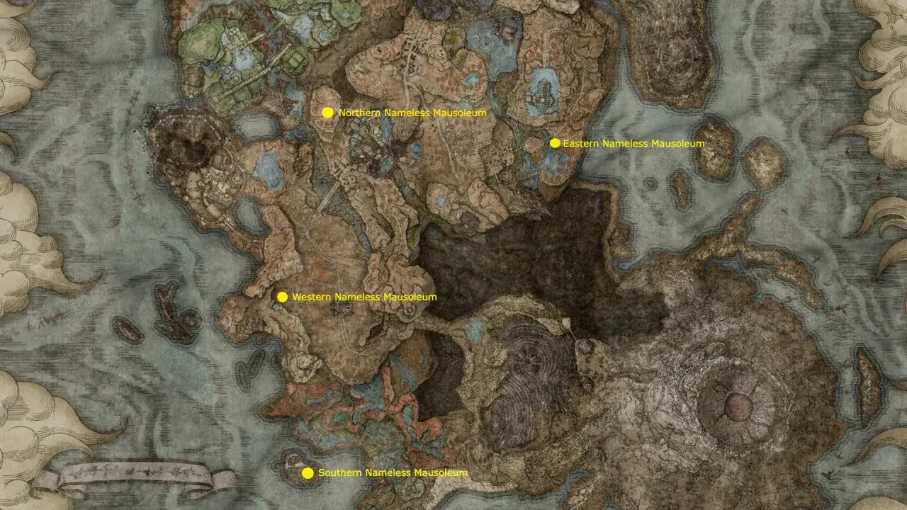 Mapa de Elden Ring con marcadores amarillos para los Mausoleos Sin Nombre. Busca duplicar recuerdos en el norte, este, oeste y sur.