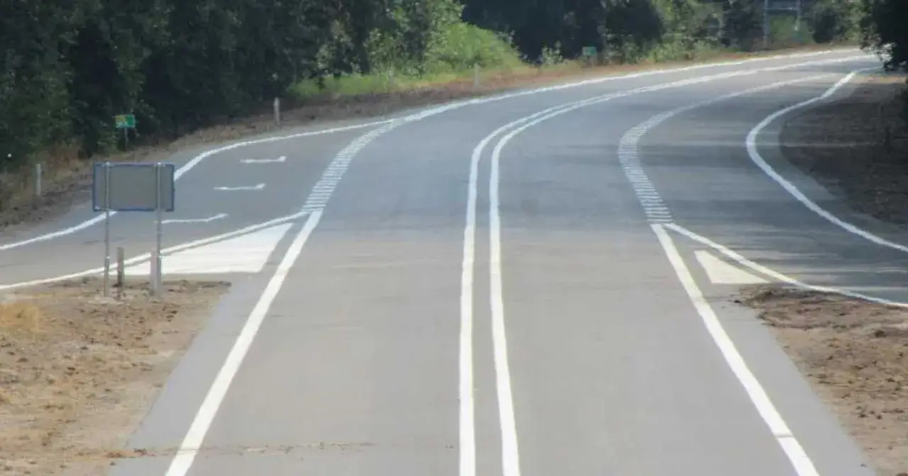 Droga z podwójną **linią ciągłą** rozdziela pasy ruchu. Po lewej stronie widać znak drogowy i pobocze.