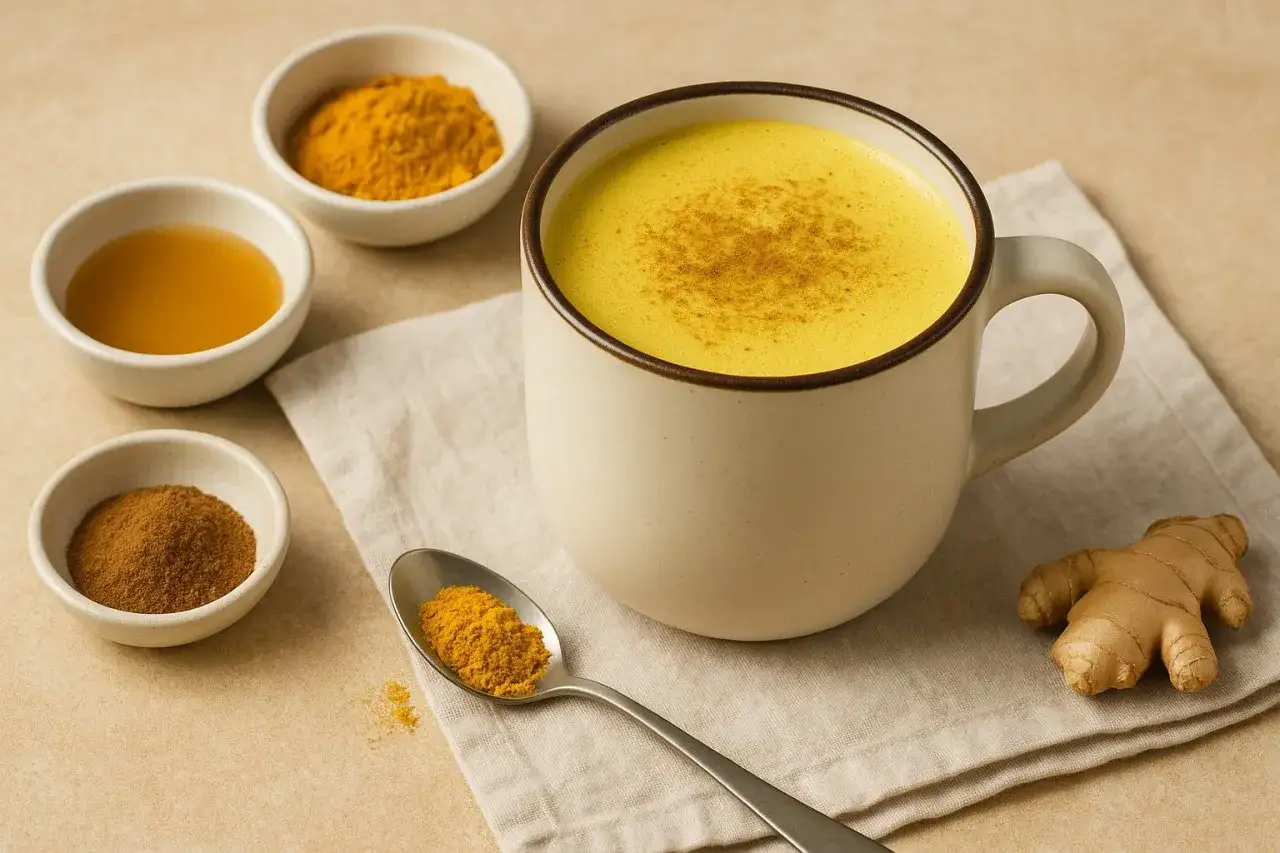 Goldene Milch: eine Tasse cremiges Getränk, daneben Schälchen mit Kurkuma, Honig und Zimt, sowie ein Löffel Kurkumapulver und frischer Ingwer.