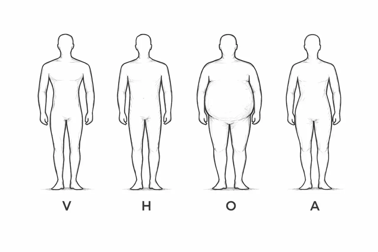 Illustrations de la morphologie homme : V, H, O, A. Ces silhouettes montrent différentes silhouettes masculines, de mince à corpulent.