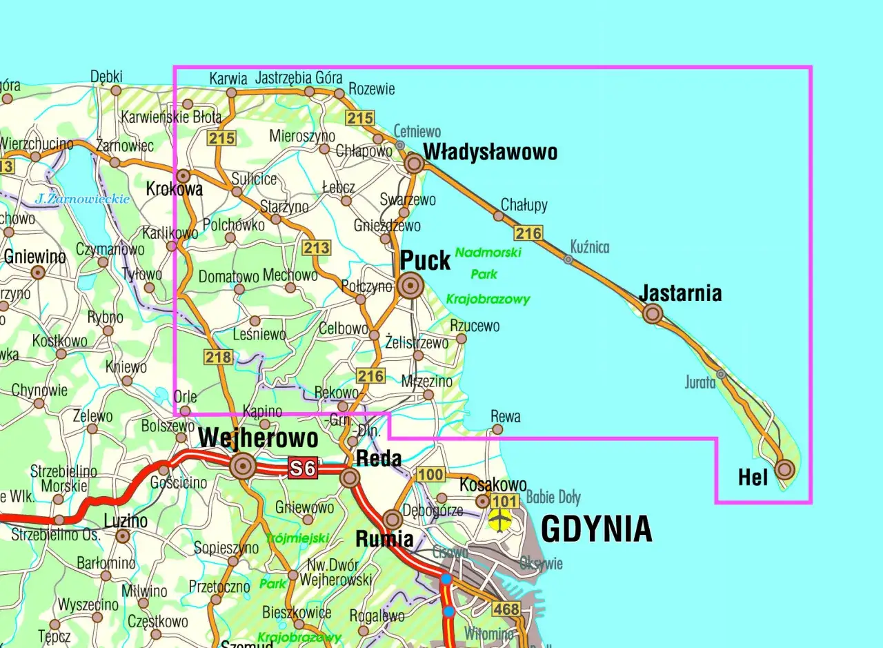 Mapa Półwyspu Helskiego z zaznaczonymi miejscowościami