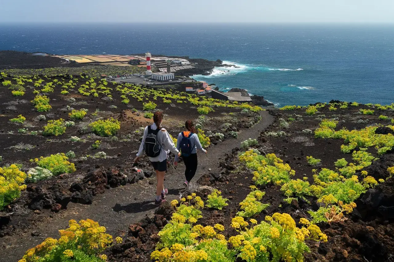Dos excursionistas caminan por un sendero volcánico cubierto de flores amarillas, con el mar azul y las salinas de fondo. Un paisaje espectacular que ver en La Palma.