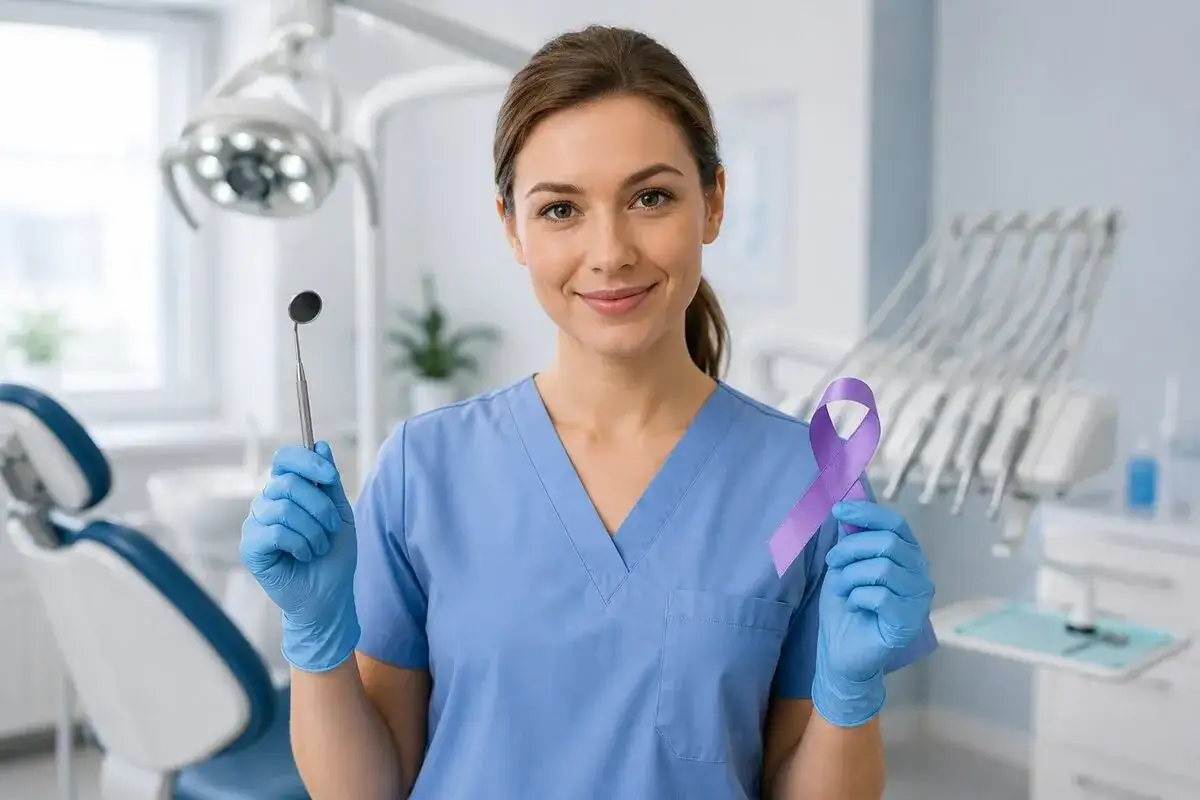 Uśmiechnięta dentystka w gabinecie trzyma lusterko i fioletową wstążkę. Dba o pacjenta onkologicznego.
