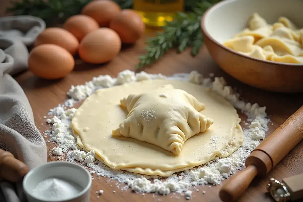 Jak zrobić ciasto na pierogi? Na stole leży rozwałkowane ciasto, na nim pieróg w kształcie gwiazdy, jajka, mąka i wałek.
