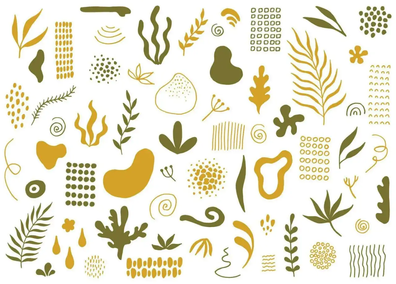A collection of organic graphic design elements in mustard yellow and olive green, featuring abstract shapes, leaves, and dots.
