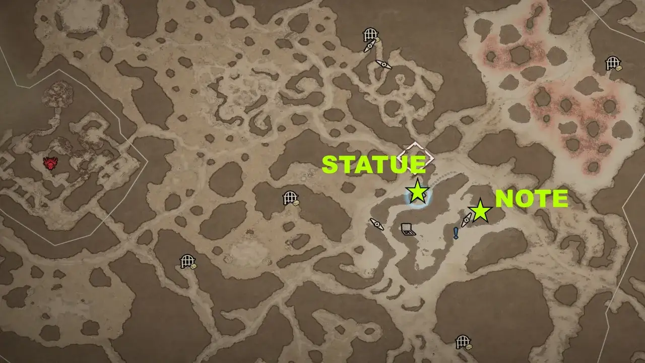 Mapa z zaznaczonymi punktami: posąg, notatka i cele, w zgodzie z tradycjami Diablo 4.