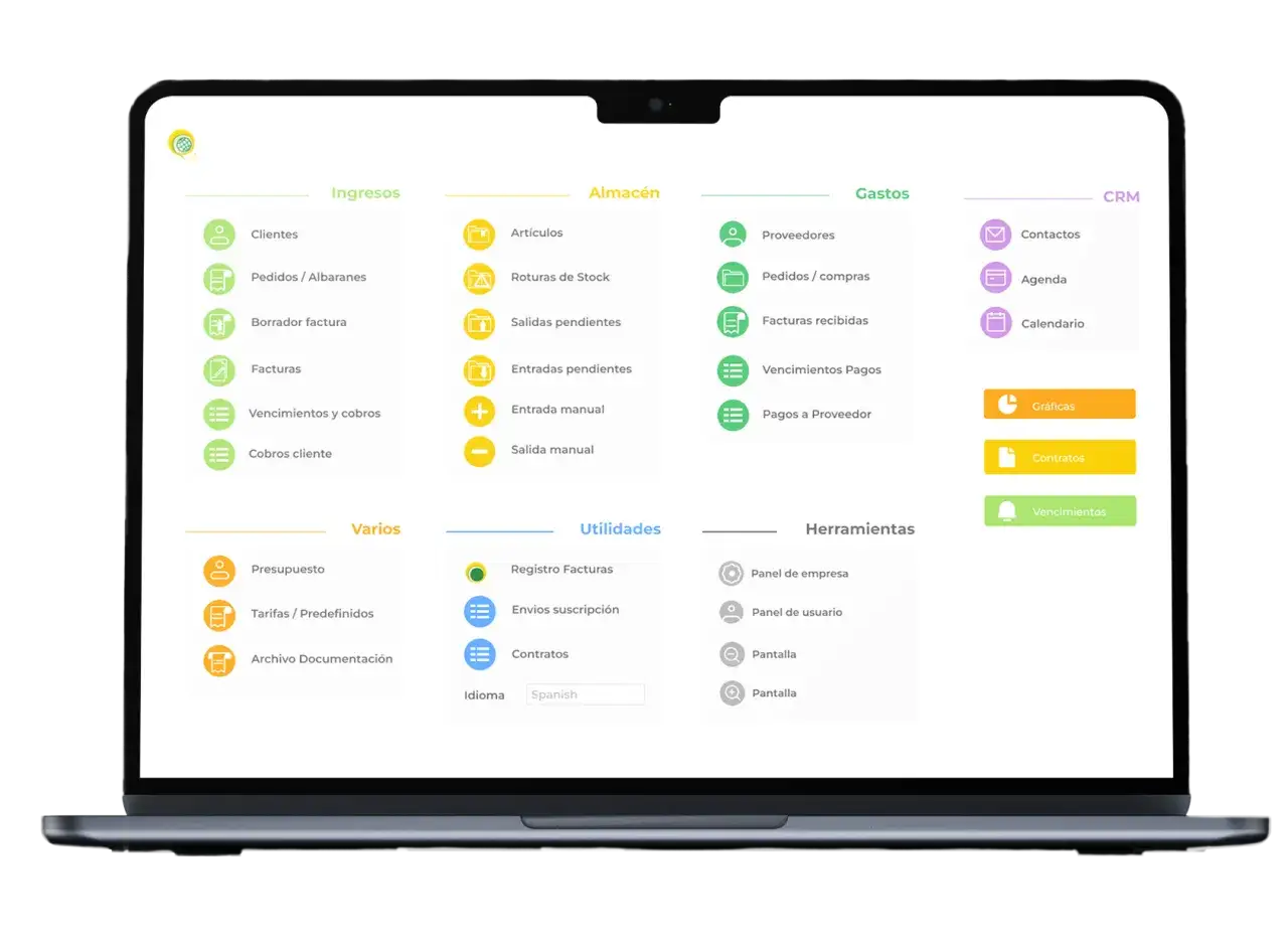 Interfaz de un sistema ERP con m&oacute;dulos de ingresos, almac&eacute;n, gastos, CRM, varios, utilidades y herramientas. Incluye opciones de erp facturacion.