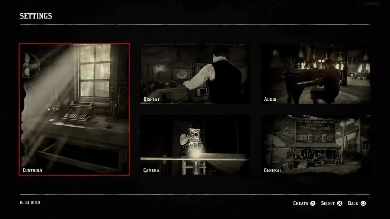 Menu ustawień gry, gdzie można sprawdzić, czy Red Dead Redemption 2 jest po polsku. Widoczne opcje: Kontrolki, Wyświetlanie, Dźwięk, Kamera, Og&oacute;lne.